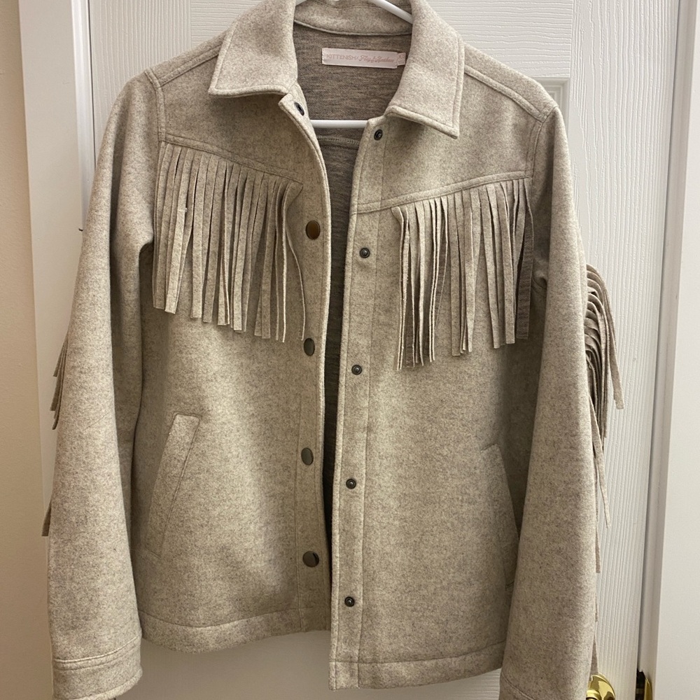 Fringe Soft Button Up Jacket Cream/Light Grey - image 1